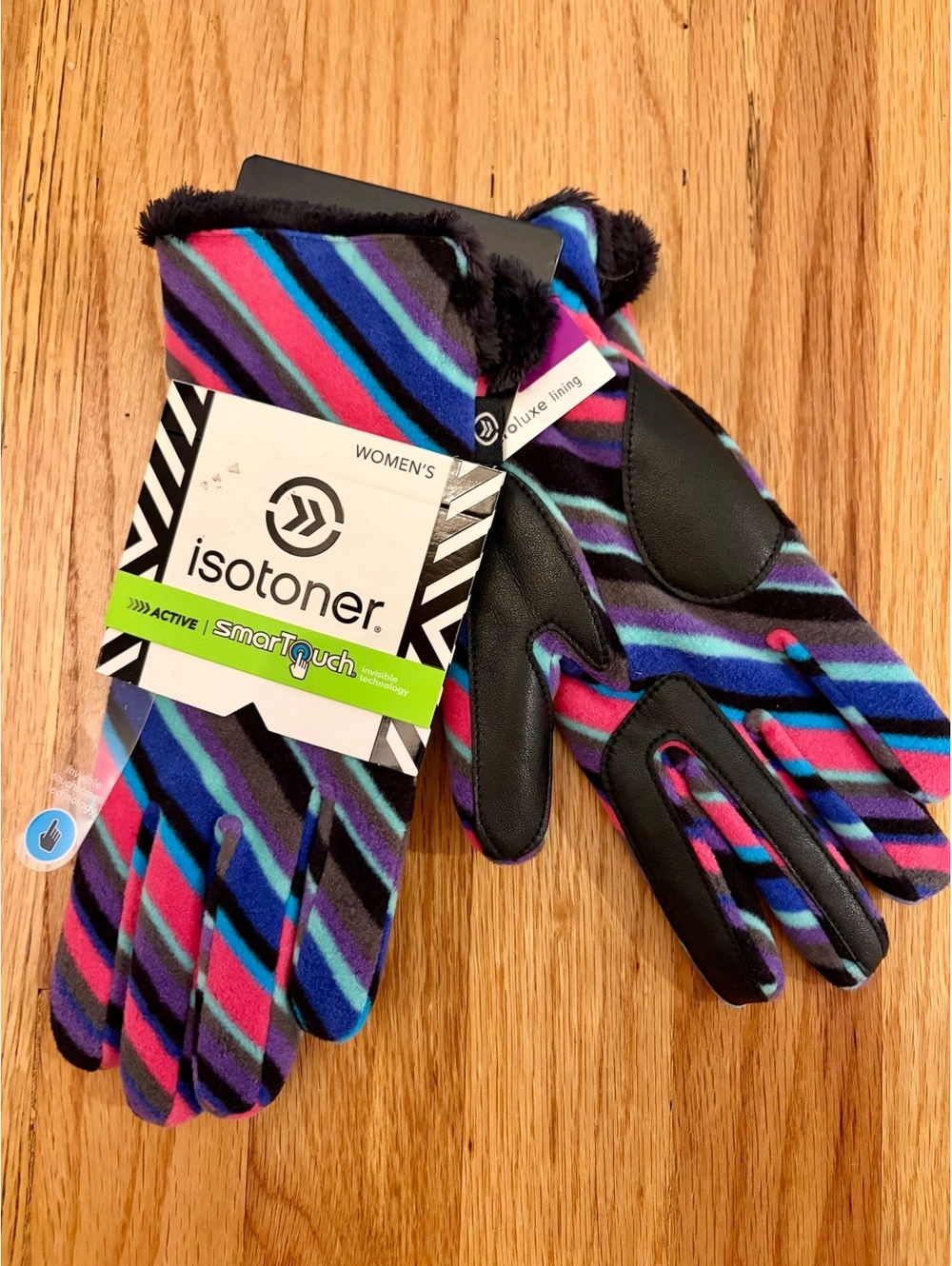 NWT Isotoner SmartTouch Active Fleece Gloves Plush Lined Stripe Women’s OS